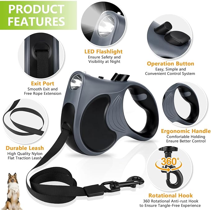 Retractable Dog Leash with Flashlight, 16ft Dog Walking Leash for Dogs up to 77lbs, 360° Tangle-Free Nylonup Leash, Anti-Slip Handle - Grey