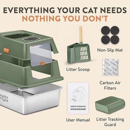 XL Stainless Steel Cat Litter Box with Enclosure and Pooper Scooper - Durable Black Metal Litter Box for Big Cats, High Sides for Anti-Leakage, Never Absorbs Odors, Non-Sticky - (60x40cm) (Sage)