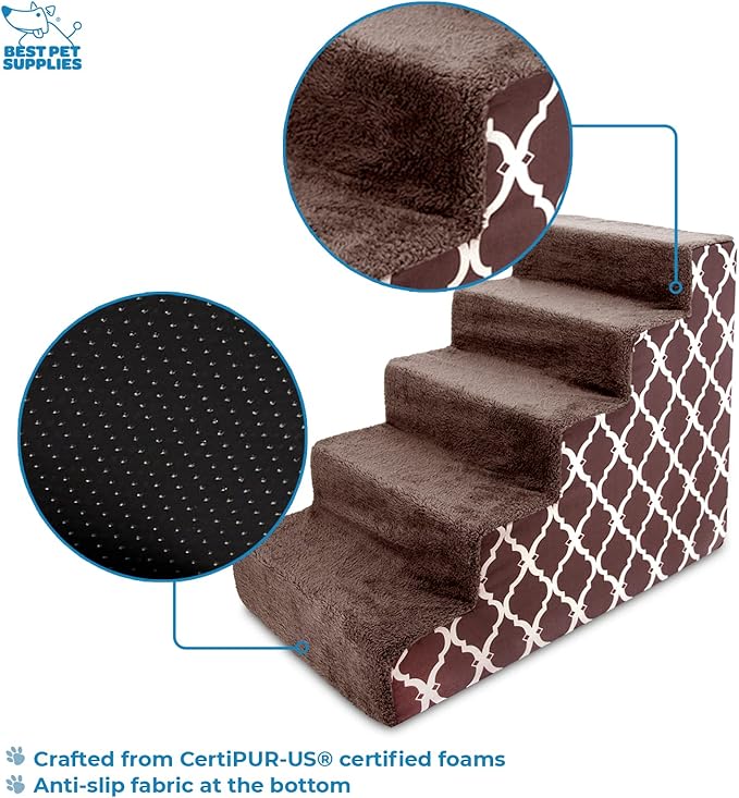 Best Pet Supplies Dog Stairs & Steps - Foam Steps for Small Dogs & Cats, Non-Slip Indoor Balanced Pet Step Support, Dog Ramp, No Assembly, Brown Lattice Print, 5-Step (22.5-inch Height)