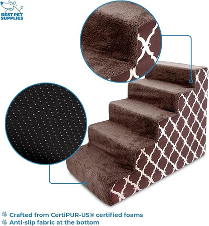 Best Pet Supplies Dog Stairs & Steps - Foam Steps for Small Dogs & Cats, Non-Slip Indoor Balanced Pet Step Support, Dog Ramp, No Assembly, Brown Lattice Print, 5-Step (22.5-inch Height)