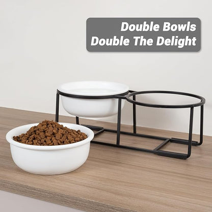 Ceramic Elevated Dog Bowl Set - Double Dog Food and Water Bowls with Metal Stand - Raised Pet Dishes for Puppies and Cats - 1 Cup - 13.5 fl oz - Matte White