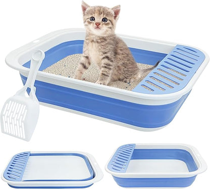 Fhiny Kitten Litter Box Portable Shallow Litter Box 17.7"x13.4"x4.9" Foldable Cat Toilet with Scoop Open Kitty Potty Pan with Litter Drop Pedal Easy to Clean Travel Kitten Toilet(Blue)