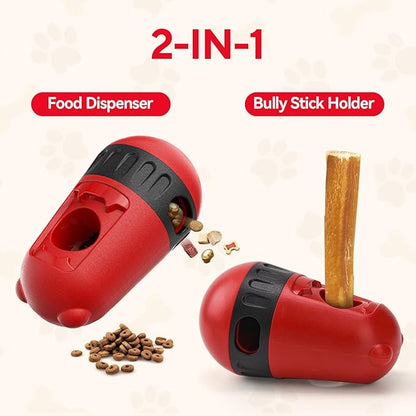 2 in 1 Interactive Treat Dispensing Dog Toys, Bully Stick Holder, Adjustable Dog Treat Holder for Medium & Large Dogs, Safety Device to Prevent Choking, Red
