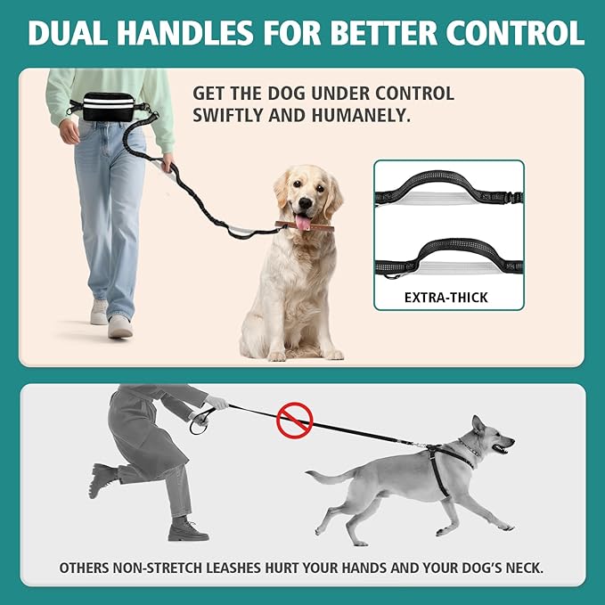 Hands Free Dog Leash for 2 Dogs with Safety Lock and Extra-Thick Waist Belt, Waist Leash for Dog Walking Running, Double Retractable Dog Leashes for Two Dogs with Double Padded Handles, Black