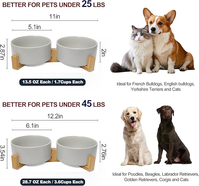 Dog Food Bowl, 13.5 oz Ceramic Food and Water Bowls for Dogs, Pet Dishes Set with Wood Stand, for Small Size Dog and Cat, No Spill Feeding Station with Weighted Base, Grey