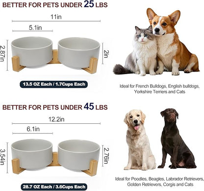 Dog Food Bowl, 13.5 oz Ceramic Food and Water Bowls for Dogs, Pet Dishes Set with Wood Stand, for Small Size Dog and Cat, No Spill Feeding Station with Weighted Base, Grey
