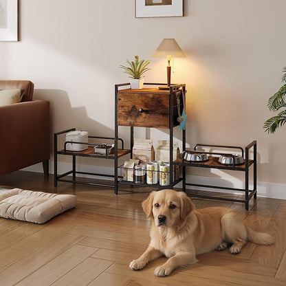 HOOBRO Raised Dog Bowl Stand with Storage, Lifted Feeding Station, Elevated Bowl Holder, 4 Adjustable Heights, for Large Medium Small Dogs, with 1 Drawer and 2 Hooks, Rustic Brown BF23PO03G1