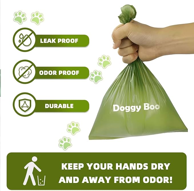 Doggy Boo Dog Poop Bags – Eco-Friendly 65% Recycled Plastic, Leak-Proof & Extra Thick, Easy-Tie Handles – Unscented Pet Waste Bags for Dogs