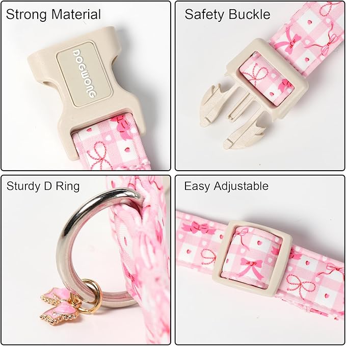 DOGWONG Pink Plaid Dog Collar-Cute Pink Bowtie Print Dog Collar, Adjustable Cotton Girl Female Pet Collar with Quick Release Buckle,M