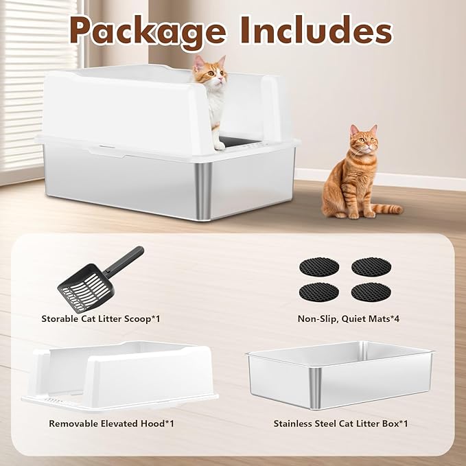 Extra Large Cat Litter Box for Multiple Cats, 28" L x 20" W Stainless Steel Metal Litter Box with High Side, Stop Scatter, Non-Stick, Easy to Clean, Anti-Leak Design, Odor-Resistant (White)