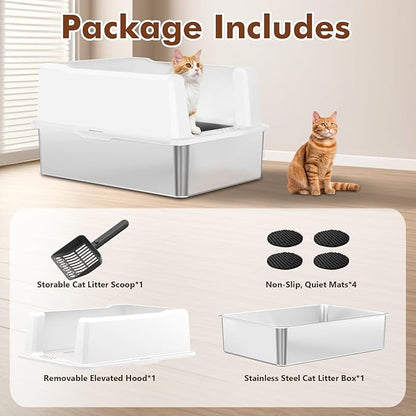 Extra Large Cat Litter Box for Multiple Cats, 28" L x 20" W Stainless Steel Metal Litter Box with High Side, Stop Scatter, Non-Stick, Easy to Clean, Anti-Leak Design, Odor-Resistant (White)