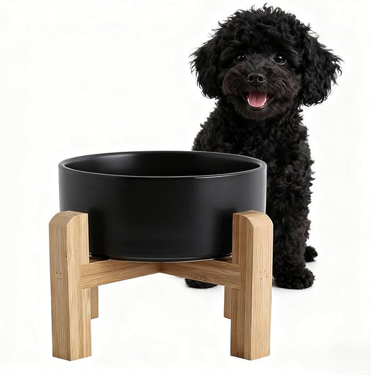 Elevated/Raised Ceramic Dog Bowl with Bamboo Stand，6 Inch 3.6 Cups Non Slip Heavy Weighted Single Pet Dish, for Small Medium Breed & Cats,Reduces Neck Strain Black