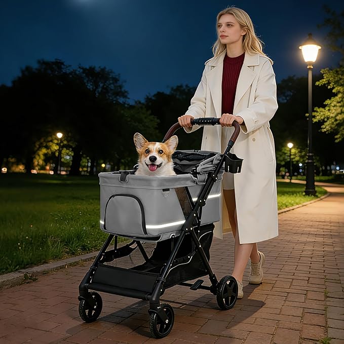 NO-Zip Pet Stroller for Small Dogs & Cats, Lightweight Dog Stroller with Reflective Safety Strips, One-Hand Fold, Claw-Proof Mesh, Breathable Travel Carriage, 33lbs Capacity, Gray
