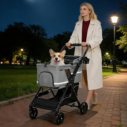 NO-Zip Pet Stroller for Small Dogs & Cats, Lightweight Dog Stroller with Reflective Safety Strips, One-Hand Fold, Claw-Proof Mesh, Breathable Travel Carriage, 33lbs Capacity, Gray