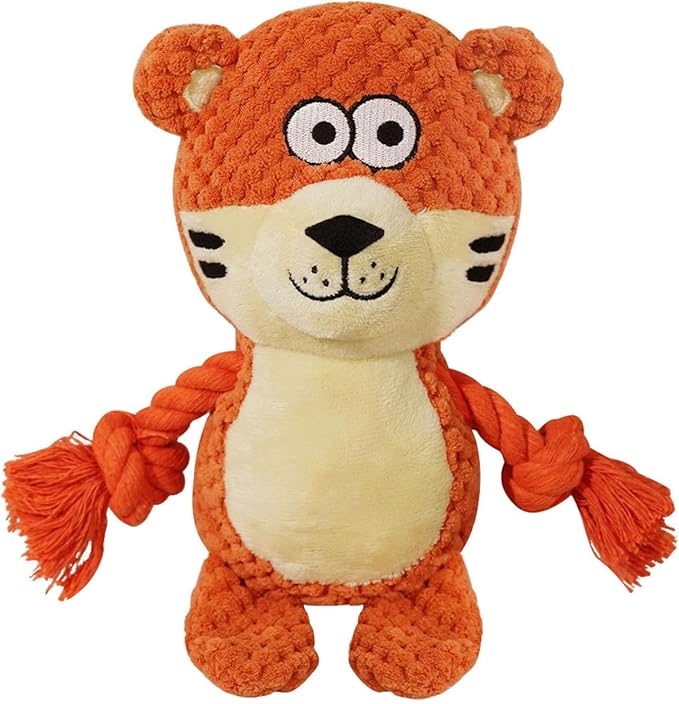 Cute Animals Interactive Squeaky Dog Toy with a Vocal Bladder, Crinkle Paper Stuffed Soft Cotton Chew Toy, Teething Rope Tug of War Pull Toy to Keep Them Busy for Puppy, Small Dogs - Orange Tiger
