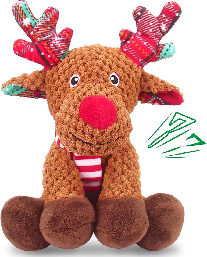 Christmas Dog Toys, Squeaky Dog Toys with Crinkle Paper, Interactive Plush Puppy Chew Toys, Cute Reindeer Dog Funny Toys, Dog Gifts for Small, Medium, Large Breed