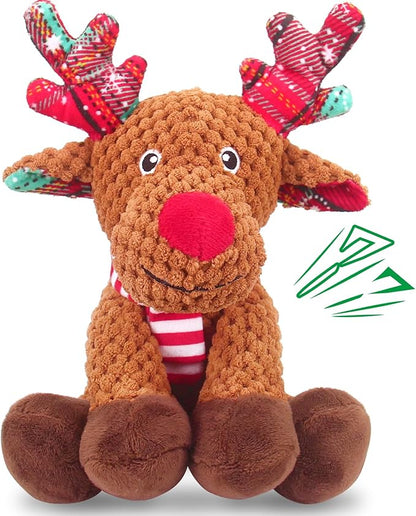 Christmas Dog Toys, Squeaky Dog Toys with Crinkle Paper, Interactive Plush Puppy Chew Toys, Cute Reindeer Dog Funny Toys, Dog Gifts for Small, Medium, Large Breed