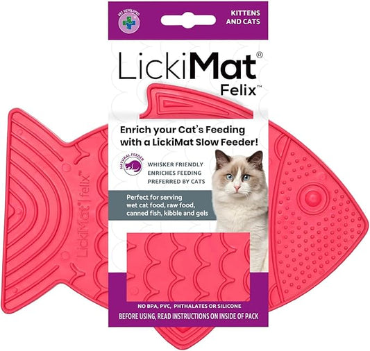 LickiMat Felix, Fish-Shaped Cat Slow Feeders Lick Mat, Boredom Anxiety Reducer; Perfect for Food, Treats, Yogurt, or Peanut Butter. Fun Alternative to a Slow Feed Cat Bowl or Dish, Pink