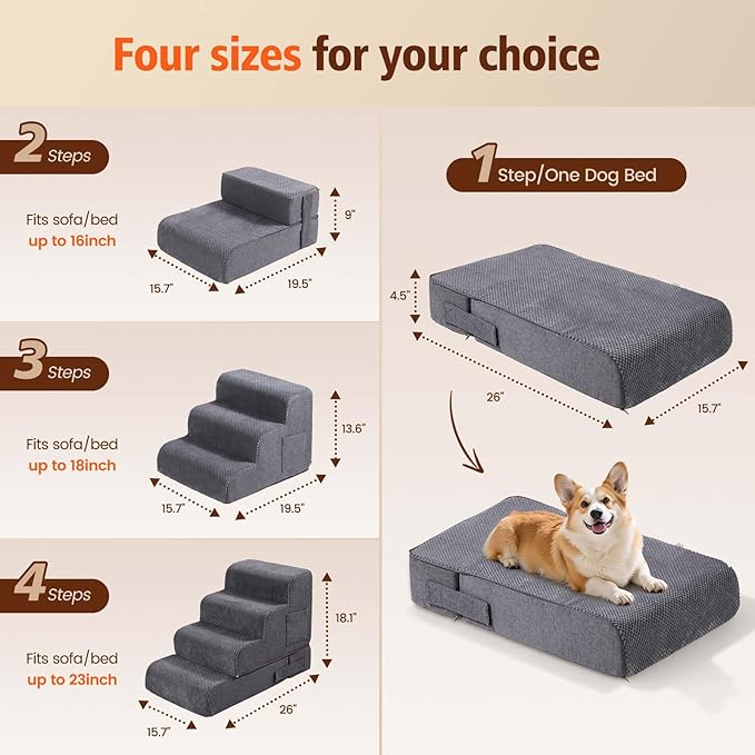 Dog Stairs for Small Dogs, 4-Step Dog Steps for Bed & Couch, High-Density Foam Pet Stairs, Non-Slip Indoor Pet Ramp, Washable Cover, Fits Beds up to 18.1", Grey