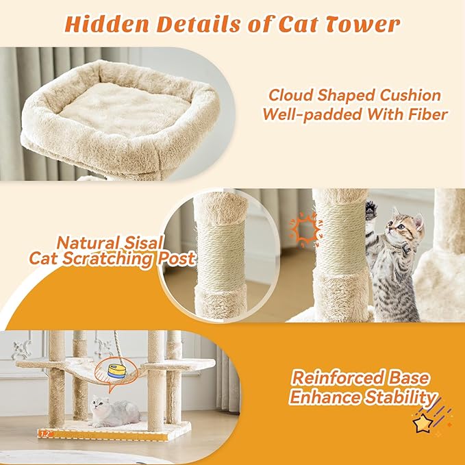 DUMOS Large 66 Inch Cat Tree Tower, Tall Multi Level Cat Climbing Tower with Natural Sisal Scratching Posts, Hammock, Pet Condo for Indoor Cats and Kittens Play, Beige