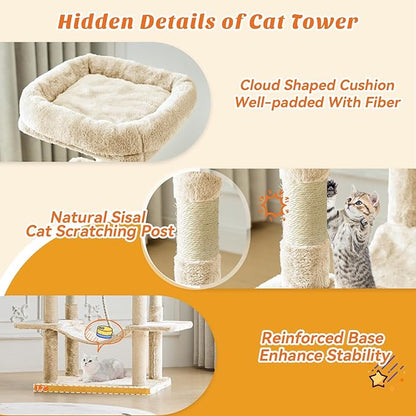 DUMOS Large 66 Inch Cat Tree Tower, Tall Multi Level Cat Climbing Tower with Natural Sisal Scratching Posts, Hammock, Pet Condo for Indoor Cats and Kittens Play, Beige