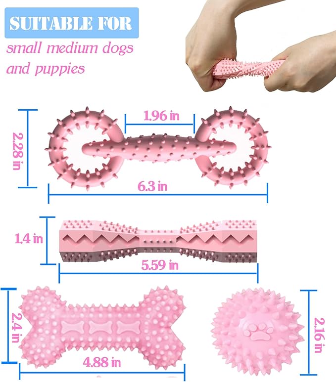 4 Pack Puppy Teething Toys Dog Durable Chew Toys Soft Rubber Toy Dog Teeth Cleaning Toothbrush Toy Cute Interactive Toys for Puppies Small Breed (Pink)