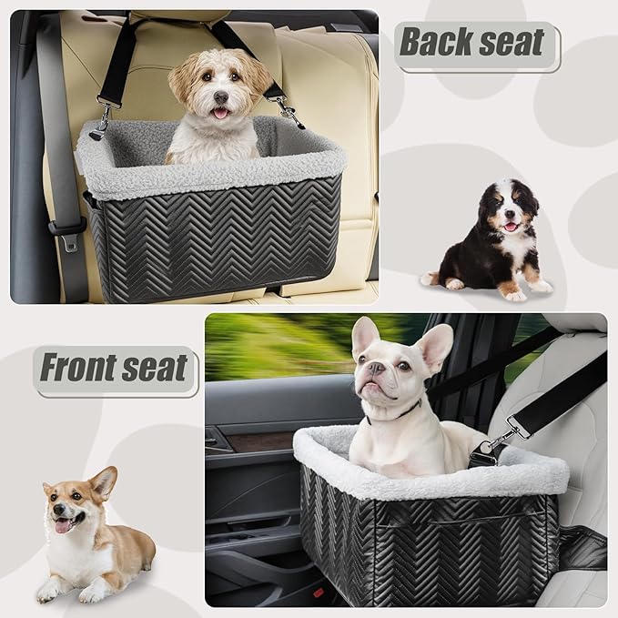 Leather Dog Car Seat for Small Dogs Under 20lbs, Dog Booster Seat with Metal Frame Construction Double-Layer Oxford Puppy Car Seats with Safety Leash Perfect for Small Pets Dogs Cats