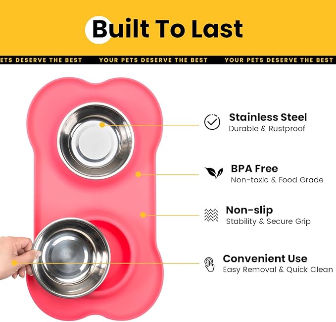 Stainless Steel Dog Bowls with Non-Slip Silicone Mat, Spill Proof Food & Water Bowls Set, Easy Clean Puppy Food Dish, Dishwasher Safe, Suitable for Dogs Cats Pet Under 20lbs, Small, Pink