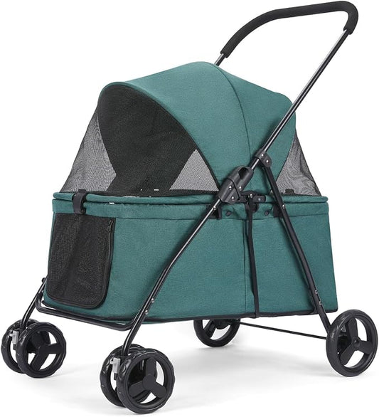 20% Larger Capacity, Wedyvko Dog Stroller for Medium/Small Pets w/Dog Poop Bags & Dispenser, Storage Pouch, Zipperless, Entry in/Out Easy (Dark Green)