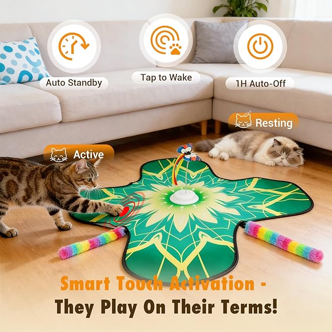 Hide and Seek Cat Toy Mat, 3-in-1 Interactive Cat Toys for Indoor Cats with Fluttering Butterfly & Moving Concealed Feathers, 3 Prey Sounds, Rechargeable Auto Play Mat for Bored Adult Cats & Kittens