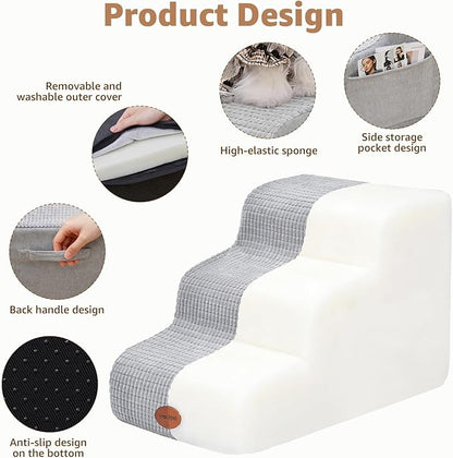 Woochpet Dog Stairs for Small Dogs, 15.7”H Ramp 3 Tier Wider Curved Pet Stairs for Couch and Beds，Weighted Base Plate Indoor Dog Steps with Non-Slip Bottom and Washable Cover for Old Cats