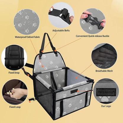 PetsHome Dog Car Seat Foldable Dog Car Booster Seat Waterproof Breathable Oxford Travel Bag for Small to Medium Dogs, Puppies, and Pets-Footprint Grey-Upgrade