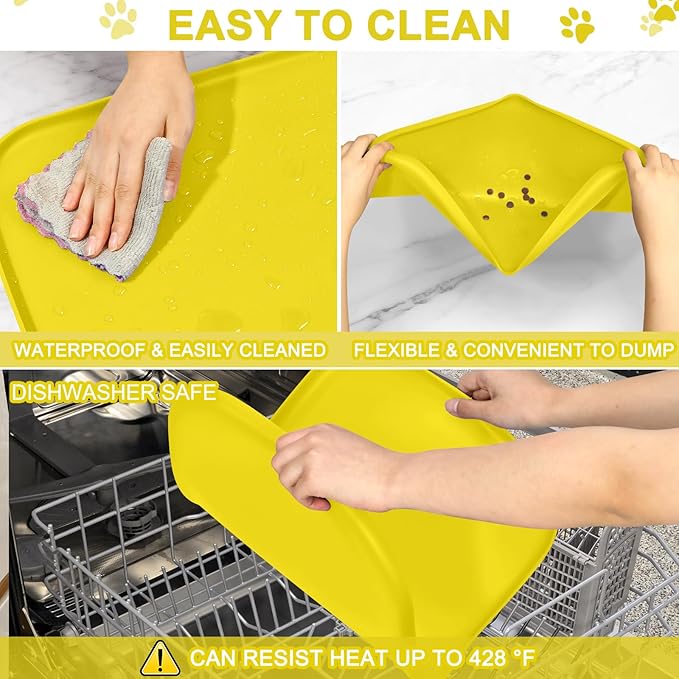 Silicone Pet Food Mat with Raised Edge for Food and Water Bowl, Dog Feeding Mats, Cat Food Trays for Floor Waterproof, Rubber Tray for Dogs and Cats, 19 x 12 x 0.7 Light Yellow