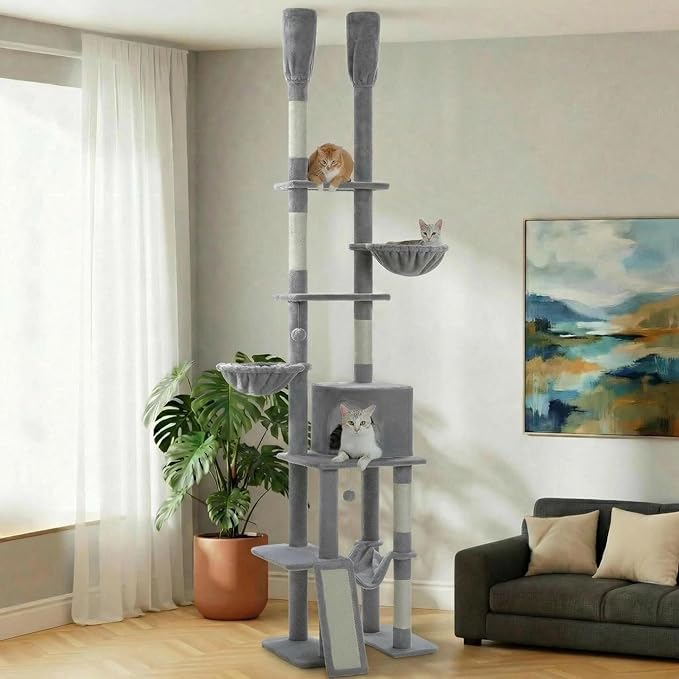 PAWZ Road Tall Cat Tree, Floor to Ceiling Cat Tower with Adjustable Height(85-112 Inches), 7 Tiers Climbing Tower with Cozy Hammocks, 5 Platforms and Scratching Posts for Indoor Cats-Gray