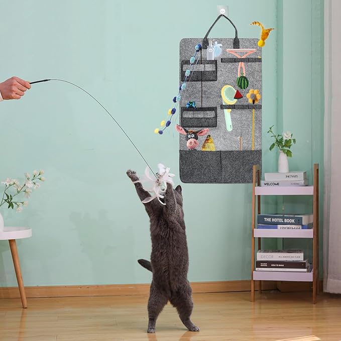 Cat Teaser Toy Storage Hanging Bag, Wand Toy Holder and Cat Toy Organizer for Indoor Cats, Cat Toy Storage Box Ensuring Feline Safety and a Clutter-Free Home