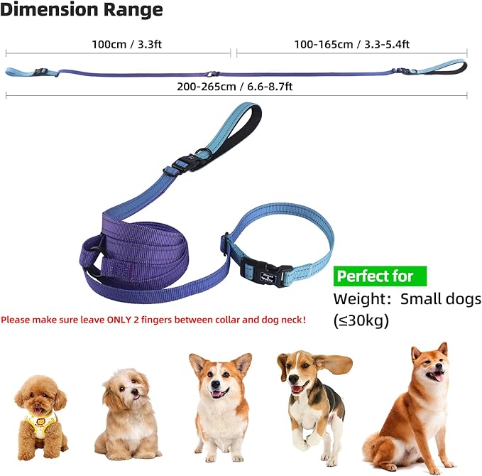 Roses&Poetry Hands Free Dog Leash for Small Dogs, All-in-One Leash & Collar 6.6-8.7ft Adjustable Waist Crossbody Leash for Dog Walking Lightweight with No Metal Clip Running Jogging