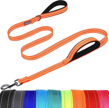 VIVAGLORY Dog Leash Twingrip Double Handle Dog Leash with Traffic Handle Control & 2 Loop for Walking & Training, Reflective Heavy Duty for Puppy Pet Collar, 5ft x 1in, Orange