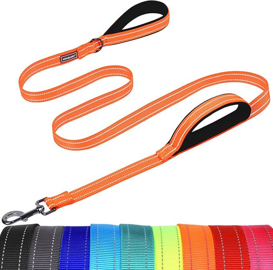VIVAGLORY Dog Leash Twingrip Double Handle Dog Leash with Traffic Handle Control & 2 Loop for Walking & Training, Reflective Heavy Duty for Puppy Pet Collar, 5ft x 1in, Orange