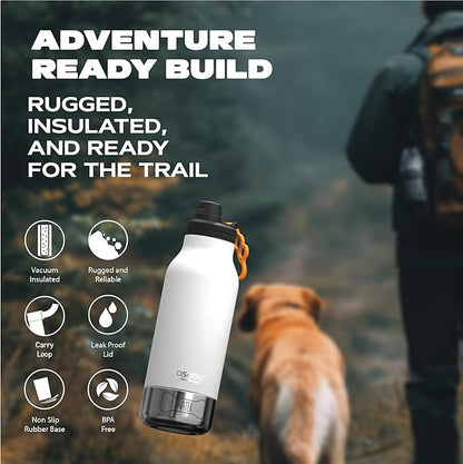 asobu Buddy Bottle a Stainless Steel Insulated Water Bottle for with Removable Dog Water Bowl and Dog Food and Treat Storage Bowl (White, 34 oz Water Bottle | 2 Bowls)