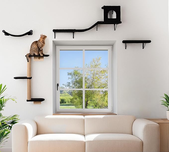 Wall Mounted Cat Furniture Set of 4 – 4 in 1 Cat Wall Shelves with Hammock, Bridge, Climbing Tree & Perch – Shelves for Large Cats, Holds Up to 30 lbs, Indoor Playground