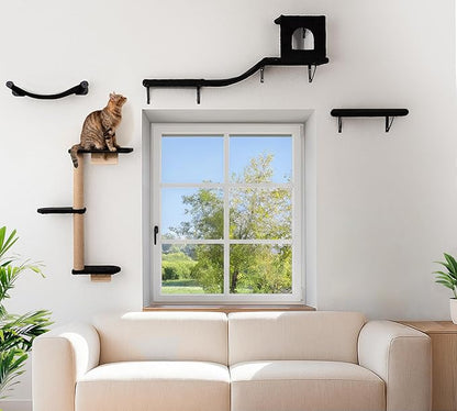 Wall Mounted Cat Furniture Set of 4 – 4 in 1 Cat Wall Shelves with Hammock, Bridge, Climbing Tree & Perch – Shelves for Large Cats, Holds Up to 30 lbs, Indoor Playground