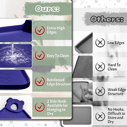 Silicone Dog Food Mat With Residue Collection Pocket - Waterproof Pet Feeding Mat for Cats and Dogs, Raised Edges, Hooks, Placemats for Water Bowl