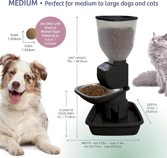 Feeding Friend® Automatic Dog & Cat Food Feeder with Water Dispenser – Smart Pet Feeder with Portion Control, OLED Display, Anti Jam Design, Battery Operated Dispenser for Medium Pets 15-30 - Black