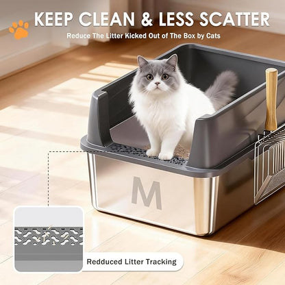 Stainless Steel Litter Box with Lid: Metal Cat Litter Box for Small Cats with Scoop, High Sided Kitty Litter Pan Tray, 17.4'' x 13.5'' x 8.5'', Non-Stick, Anti-Leakage, Easy Cleaning (Dark Gray)