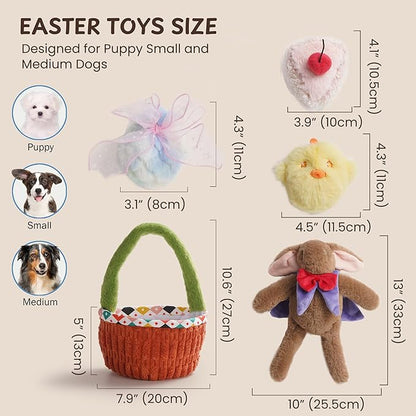 Nocciola Dog Easter Basket Dog Toys - Durable Stuffed Plush Bunny Dog Squeaky Toys for Small, Medium and Large Breeds, Easter Basket with Egg & Rabbit & Chick & Cake Puppy Toy