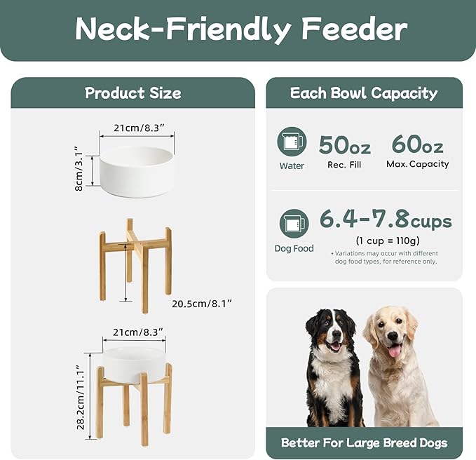 Ceramic Raised Dog Bowl Set, Elevated Dog Bowl with Stand, Food and Water Bowl for Large Breed Dogs, Weighted Pet Dishes(8.2'',60OZ, White)