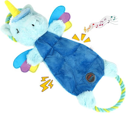 Interactive Squeaky Dog Chew Toy, Tough Plush Dog Toys for Chewers, Small, Medium & Large Dogs, Plush with Double Rope Handles for Tug of War, Mess-Free, Light Blue