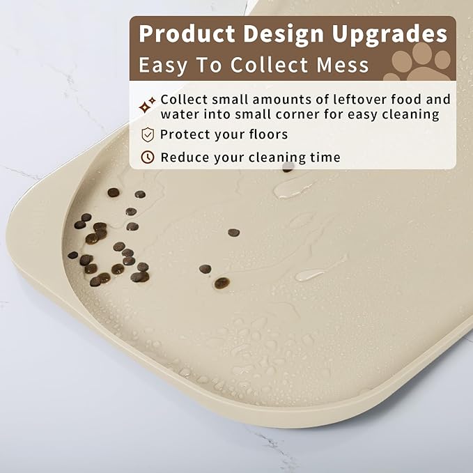 Silicone Pet Food Mat with Raised Edge for Food and Water Bowl, Dog Feeding Mats, Cat Food Trays for Floor Waterproof, Rubber Tray for Dogs and Cats, 24 x 16 x 0.8 Sand White (Yellow Cast)