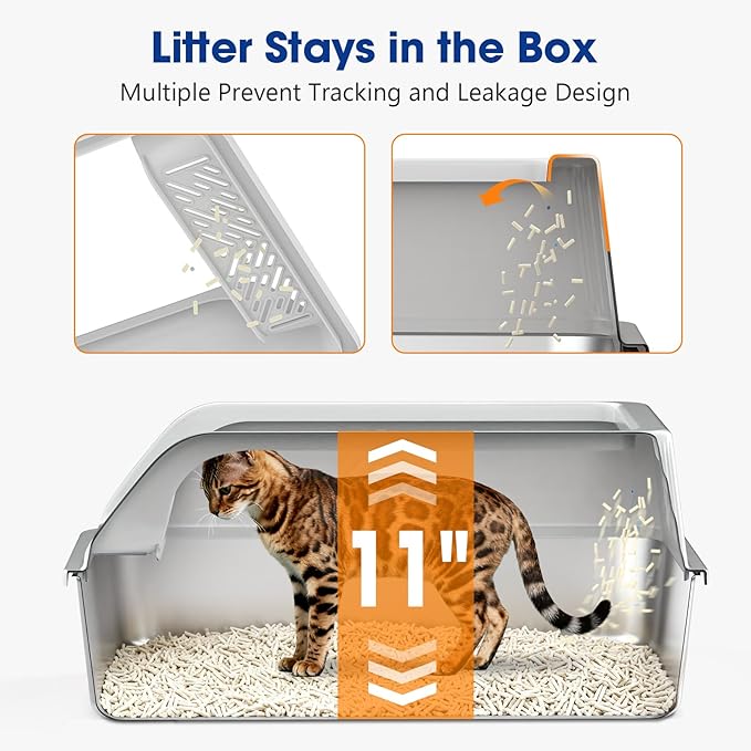 Stainless Steel Litter Box, 2 Pack XL Metal Cat Litter Boxes with Lid High Sided Enclosed for Big Cat and Multiple Cats, Anti-Urine Leakage | Non-Stick Bottom & Includes Scoop