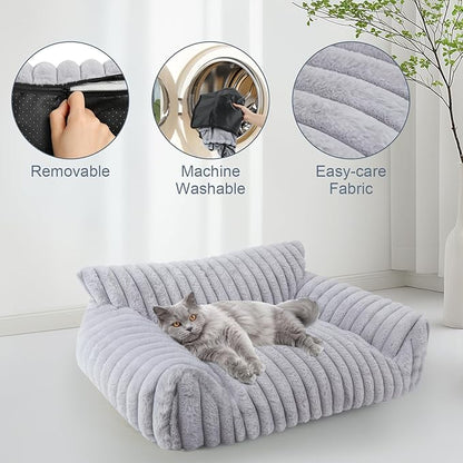 Cute Cat Couch Bed for Indoor Cats, Fluffy Pet Cat Sofa with Premium Soft Corduroy Fleece, Cute Small Dog Beds for Small Dogs, Fuzzy Puppy Chair with Removable Washable Cover (30x20x10,Grey)